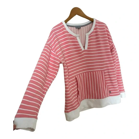 T by Talbots Pink Cream Striped Kangaroo Pocket Sweatshirt Large - Picture 4 of 8